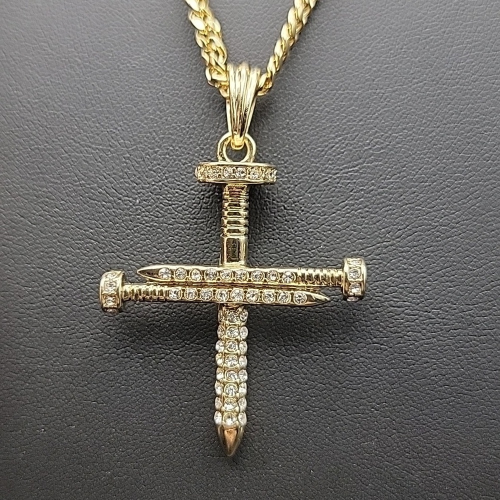 22" Gold Tone Curb Cuban Link Necklace Nail Cross Bling Pendant 73